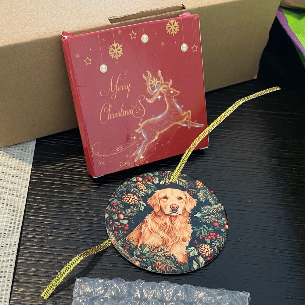 Golden Retriever Holiday Ornament with Gold Accents